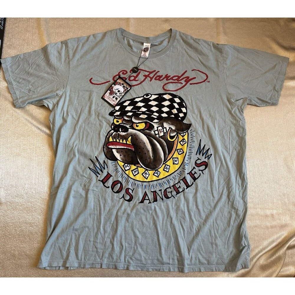 NEW Ed Hardy Deadstock PLUS T-SHIRT Gray Blue BULLDOG LOS ANGELES XXXXL 4XL‎